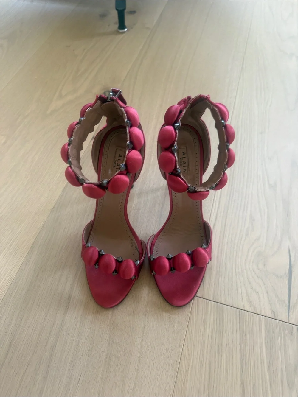 Alaia Pink Padded-Bead Ankle-Strap Heels